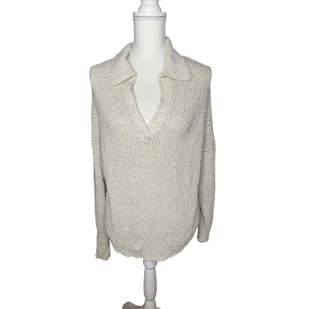 Pistola Zoe Relaxed Cotton Linen Blend V-Neck Collared Polo Knit Sweater Cream S